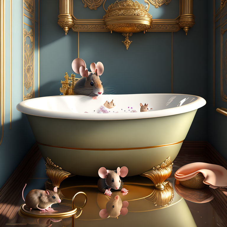 Three mice in a luxurious bathroom with a bathtub and a human hand.