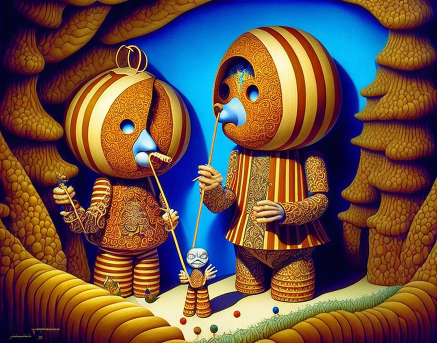 Whimsical striped characters with elongated noses in surreal honeycomb setting