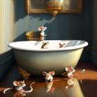 Three mice in a luxurious bathroom with a bathtub and a human hand.