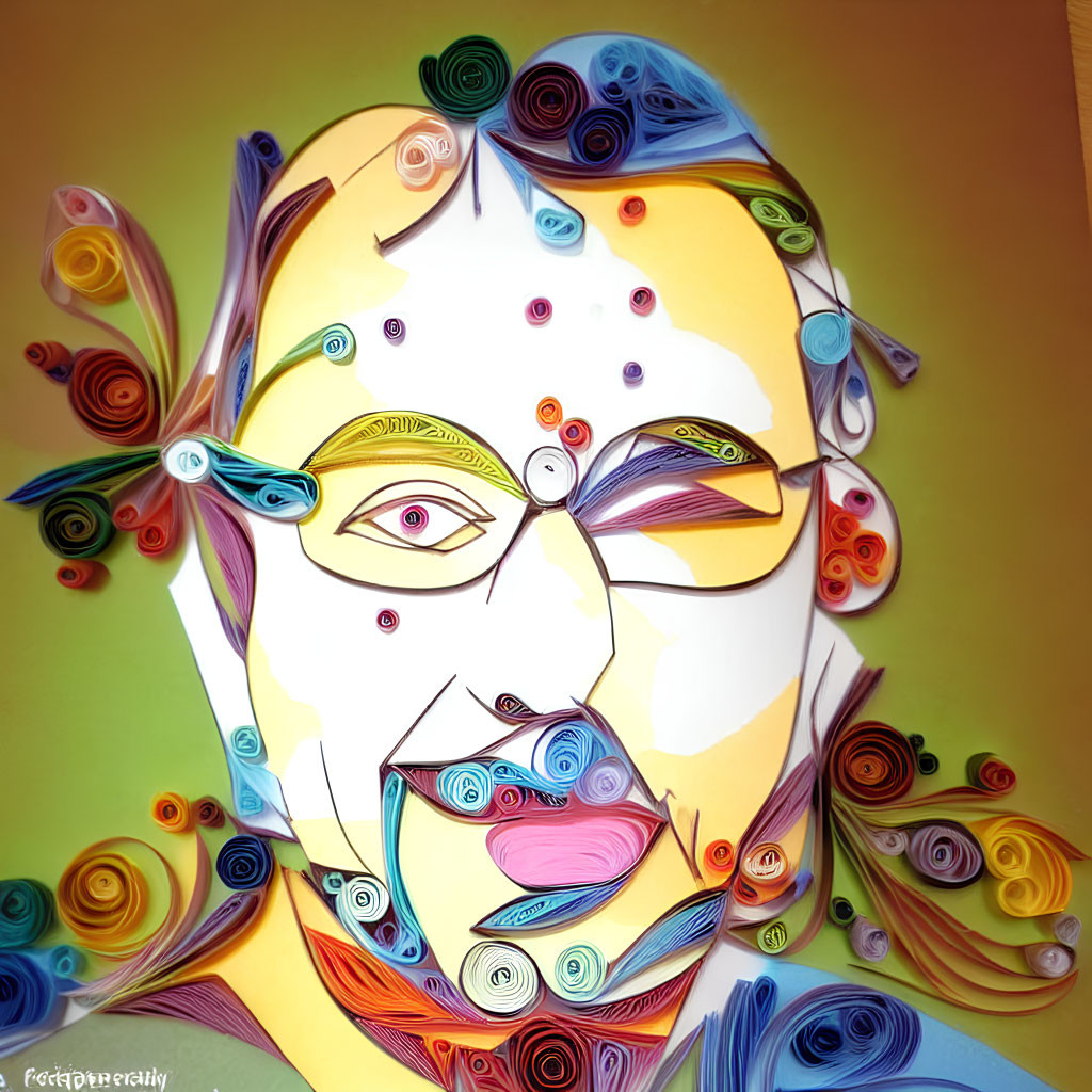 Vibrant quilled paper art of abstract portrait with swirls on light background
