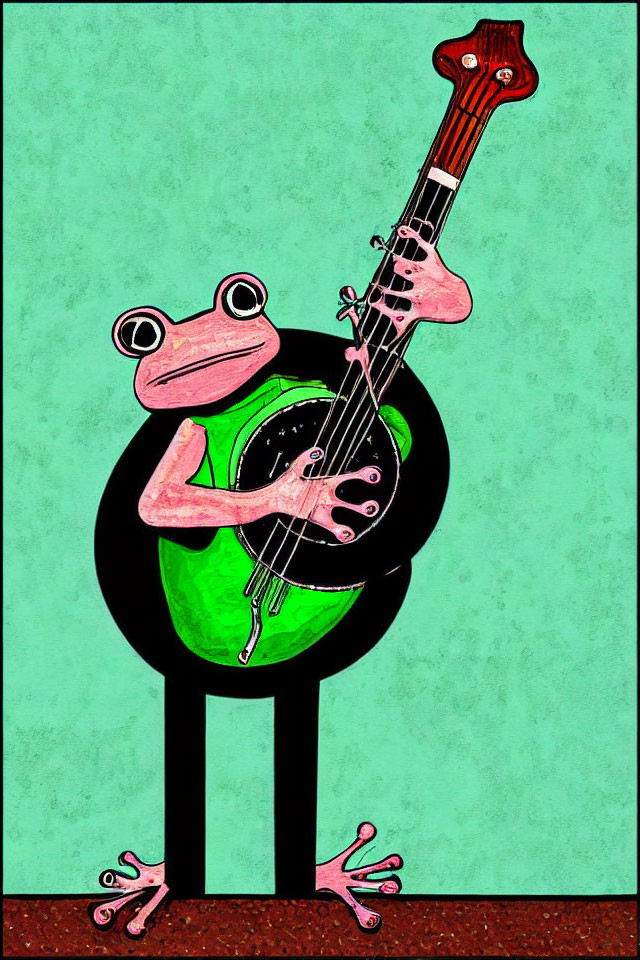 Whimsical frog playing pink bass guitar on teal background