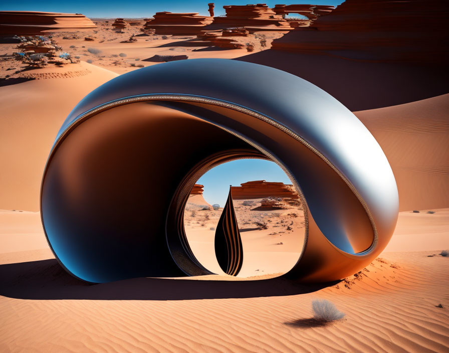 Surreal 3D-rendered image of Mobius strip in desert landscape