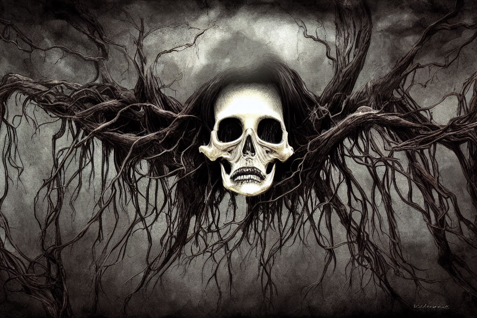 Gothic skull illustration overlaying woman's shadowy face and twisted branches