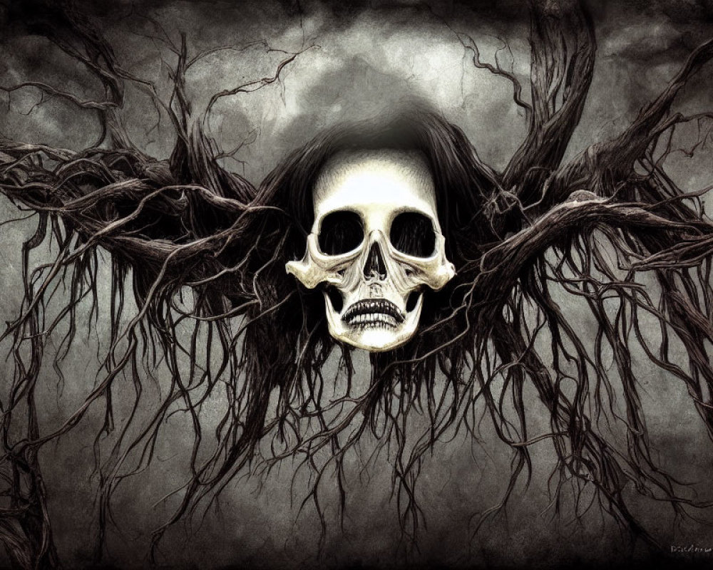 Gothic skull illustration overlaying woman's shadowy face and twisted branches