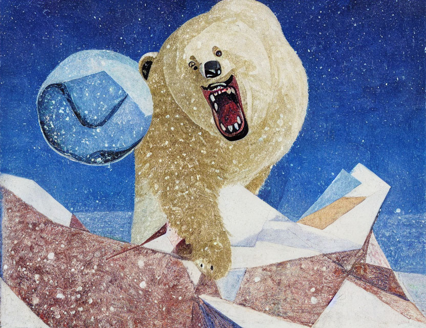 Aggressive polar bear roaring with blue sphere on nose in snowy landscape