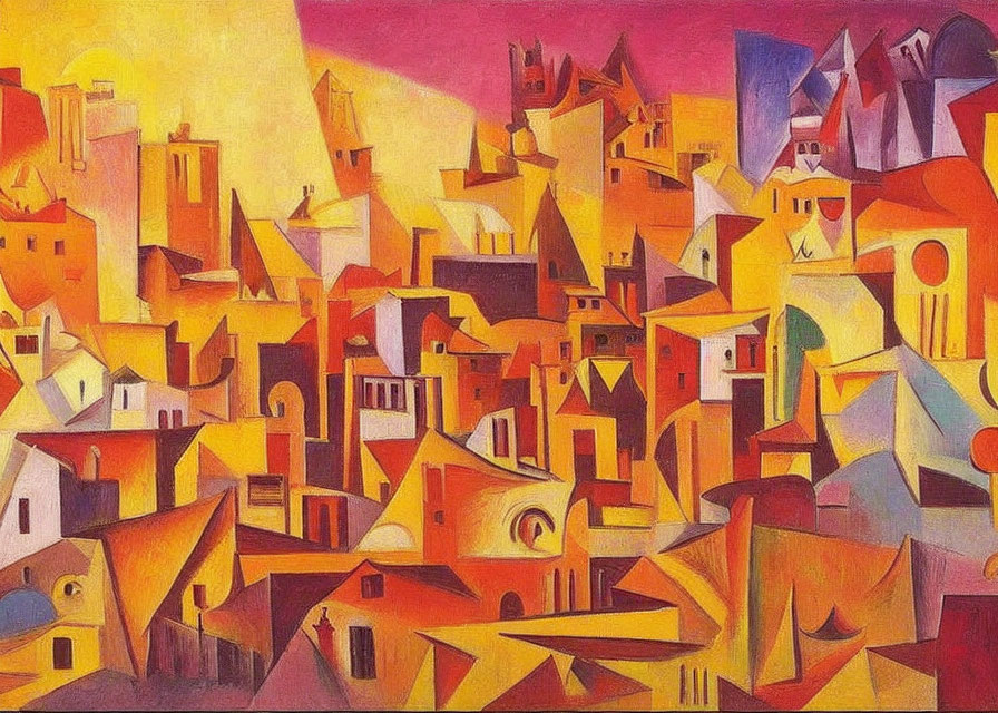 Colorful Abstract Cubist Townscape Painting with Geometric Shapes