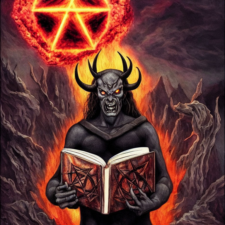 Horned demonic figure with open book and fiery pentagram