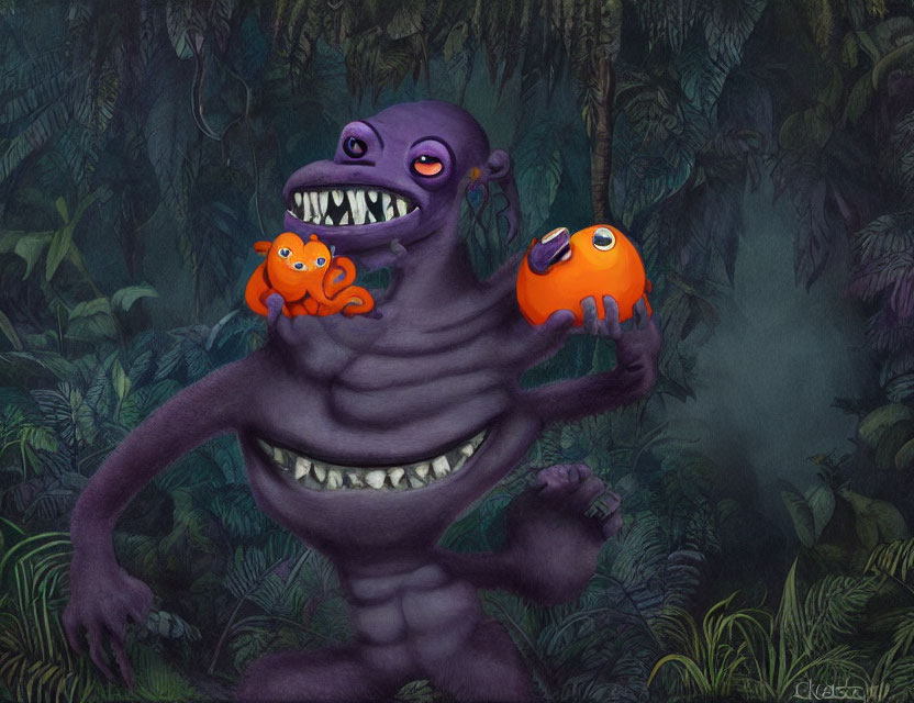 Purple Cartoon Monster Smiling with Orange Creatures in Jungle Setting