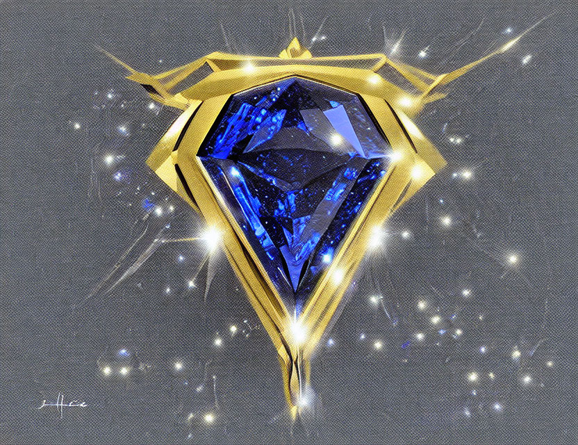 Blue Gemstone Held by Golden Prongs on Grey Textured Background