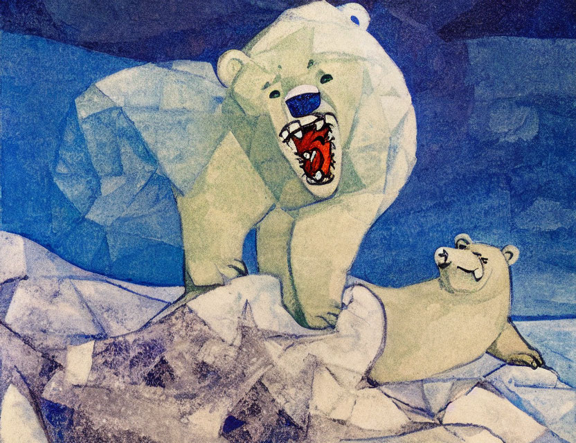 Stylized watercolor painting: Two polar bears in icy terrain