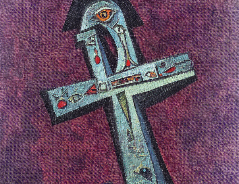 Abstract Expressionist Painting: Cross with Eyes, Fish, and Blood on Red Background