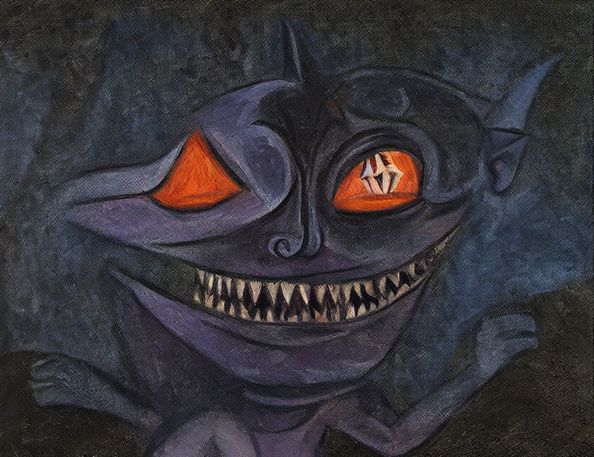 Mischievous Creature with Wide Grin and Sharp Teeth on Dark Background