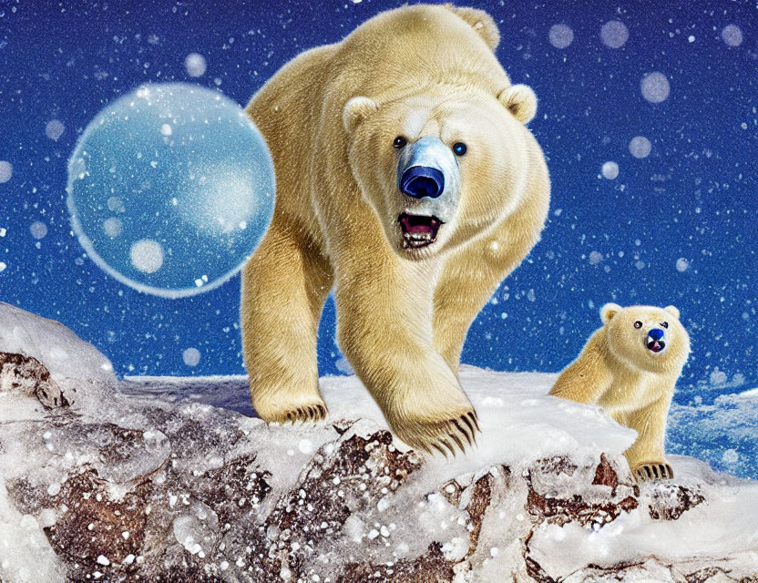 Polar Bear and Cub with Blue Noses on Snowy Outcrop under Starry Sky