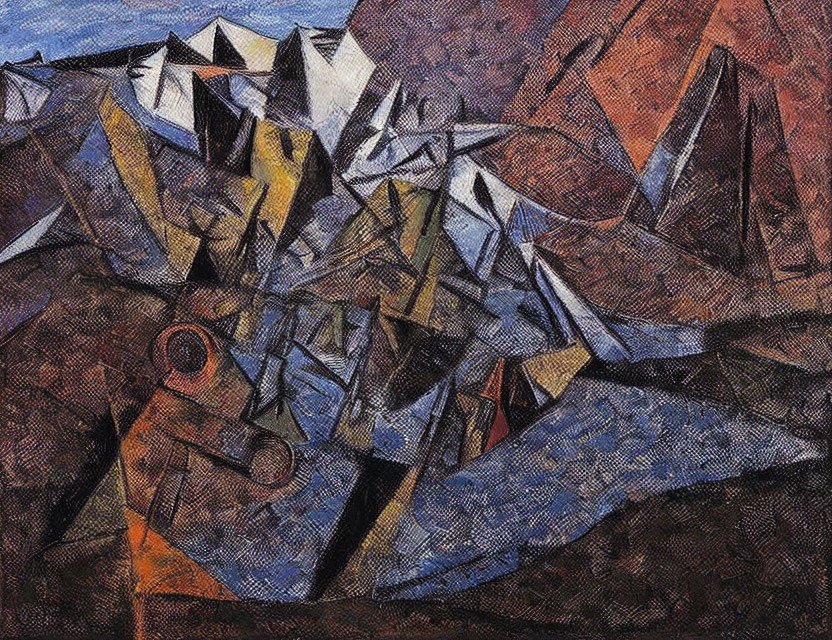 Abstract Cubist Painting in Brown, Blue, and White Interlocking Planes