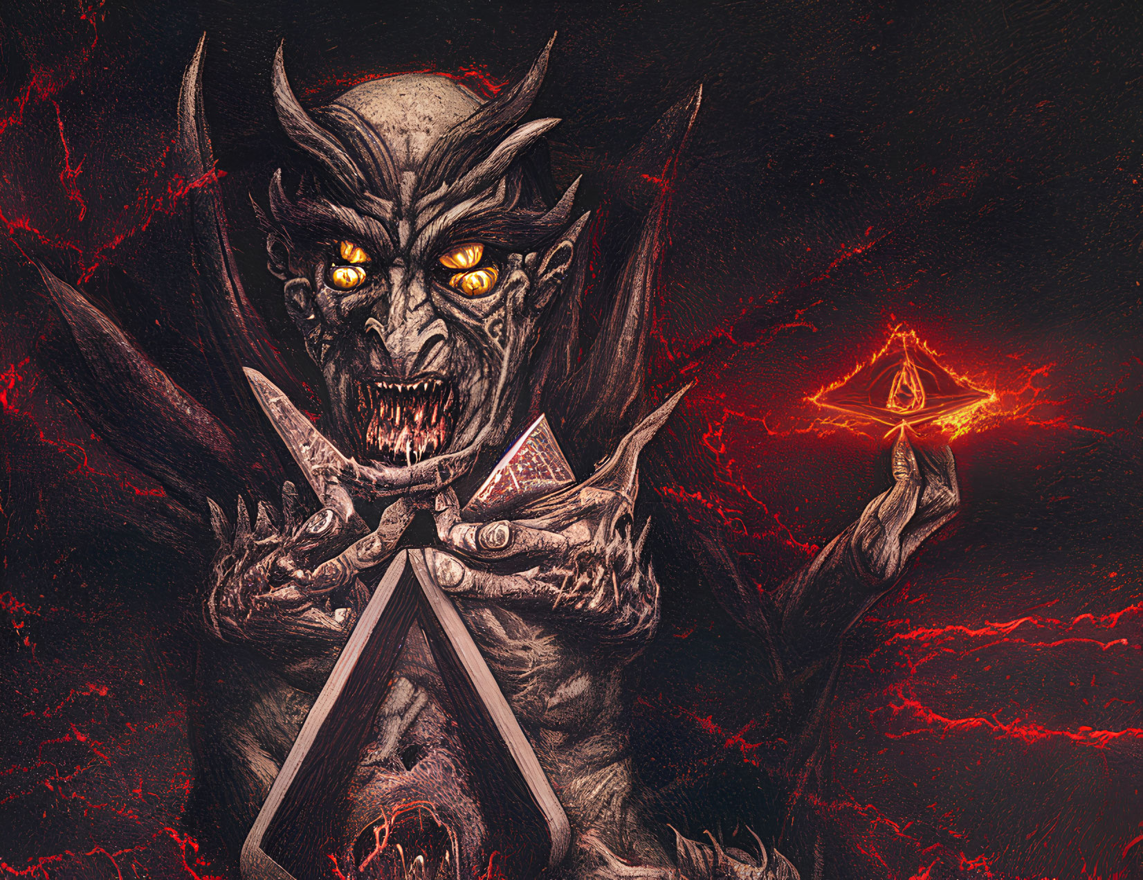 Menacing demon clutching triangular artifact with glowing eyes and mystical symbol in fiery background.