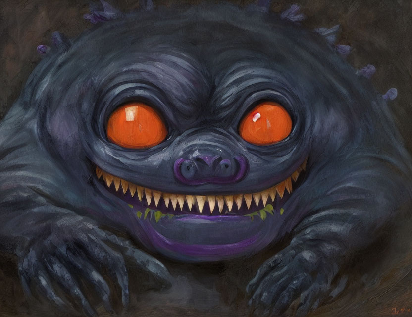 Orange-eyed creature with sharp teeth and purplish-black fur in the shadows.