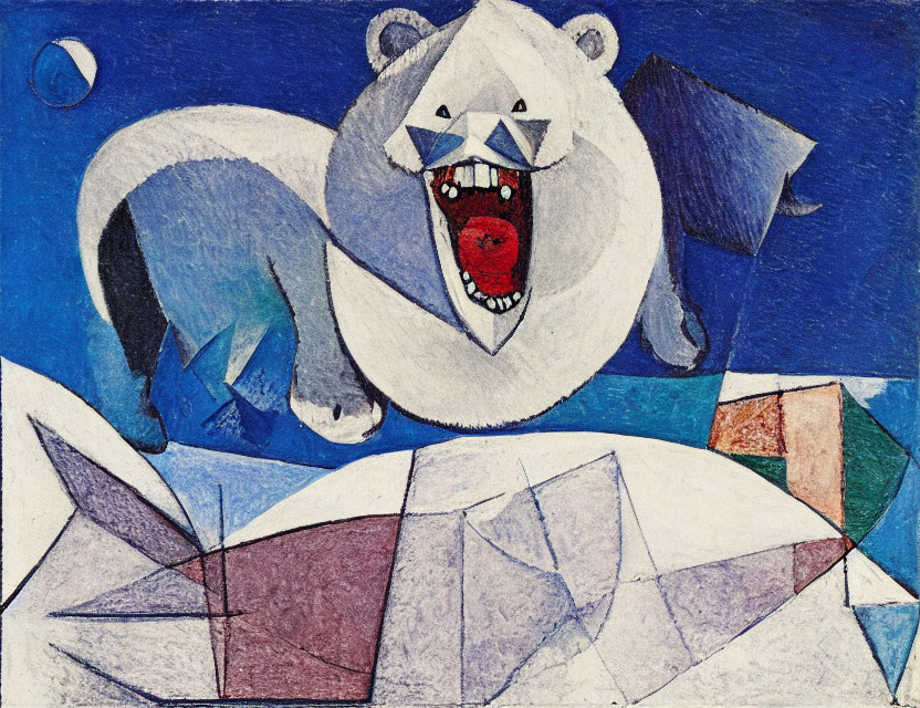 Cubist-style Abstract Painting: Polar Bear in Icy Landscape