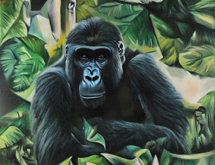 Gorilla portrait in contemplative pose amidst green foliage