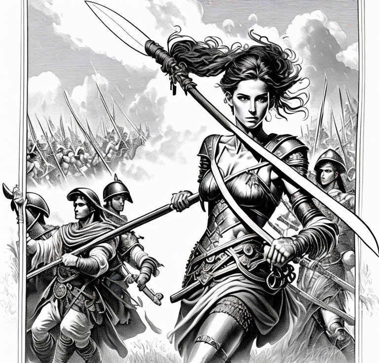 Monochrome illustration of female warrior in armor with spear