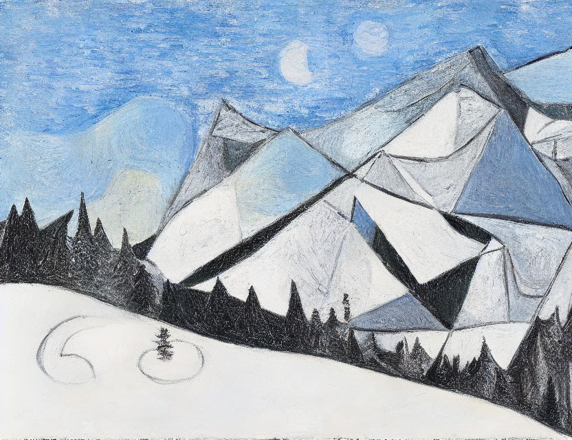 Stylized snowy mountain landscape with geometric facets and crescent moon.