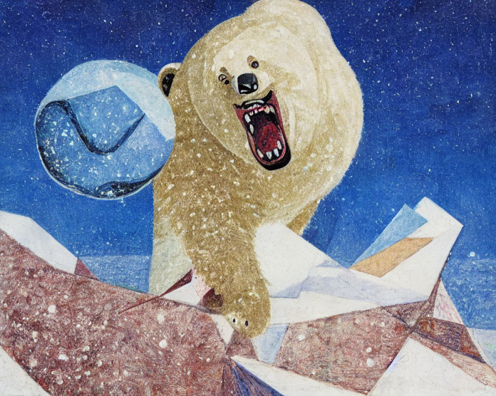 Aggressive polar bear roaring with blue sphere on nose in snowy landscape