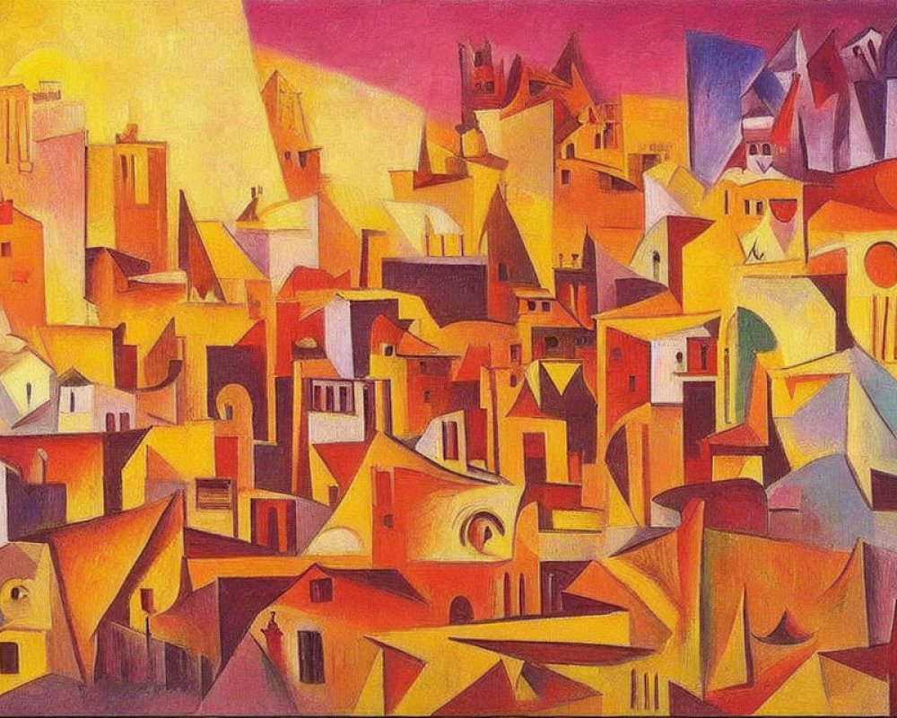 Colorful Abstract Cubist Townscape Painting with Geometric Shapes