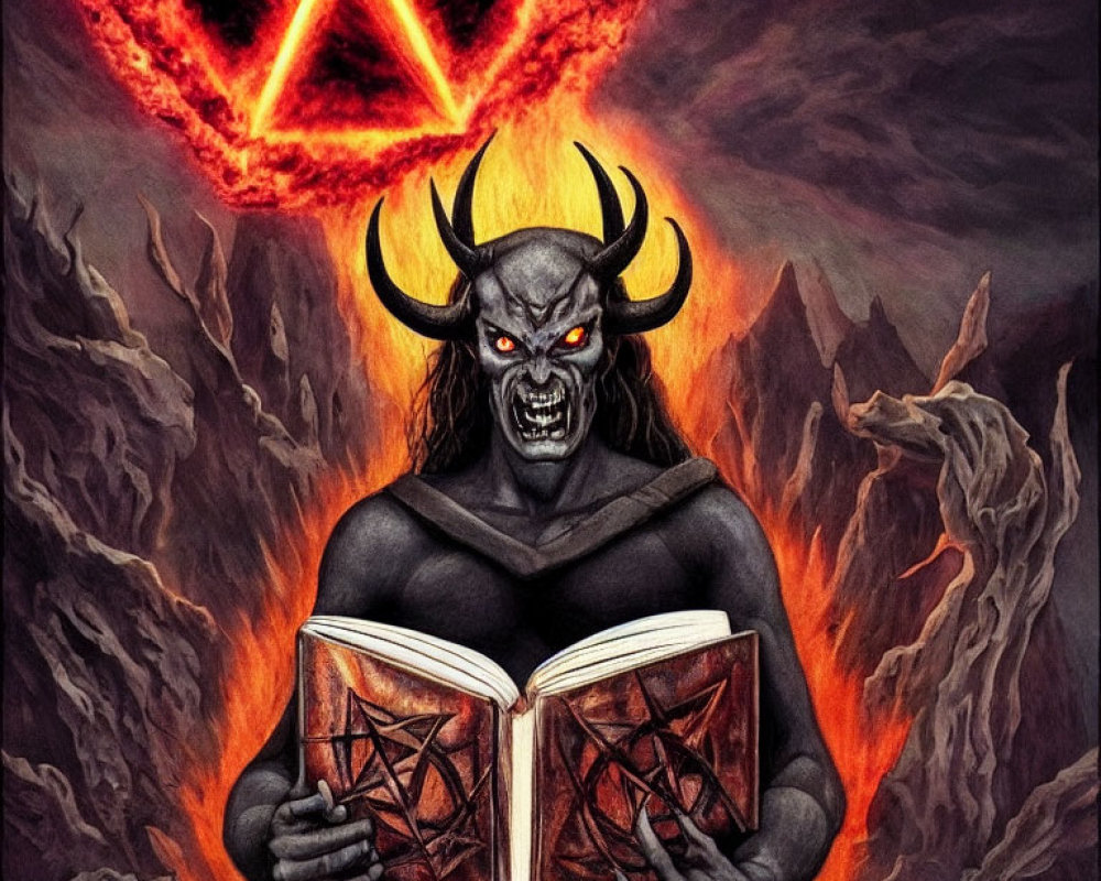 Horned demonic figure with open book and fiery pentagram