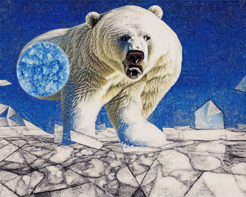 Polar bear in icy landscape with abstract geometric ice formations