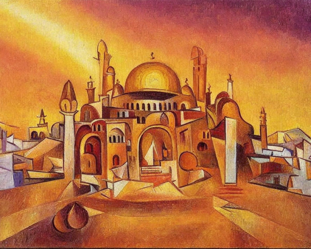 Colorful Cubist Middle Eastern Townscape Painting with Domes and Minarets