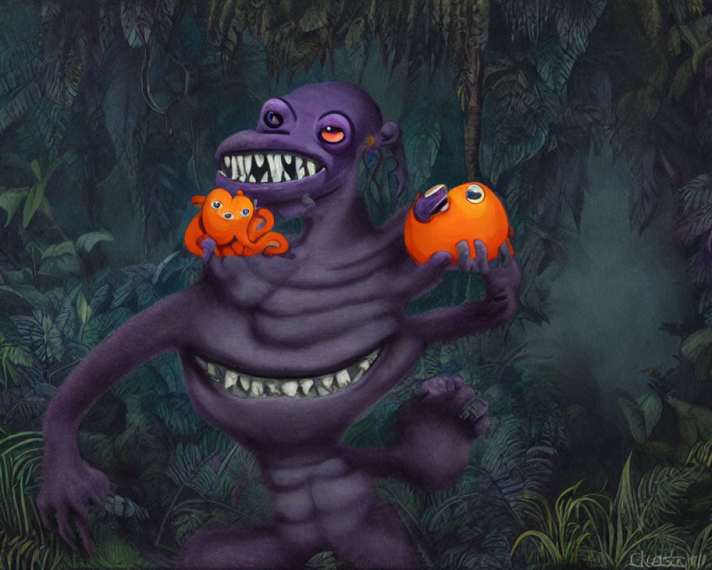 Purple Cartoon Monster Smiling with Orange Creatures in Jungle Setting