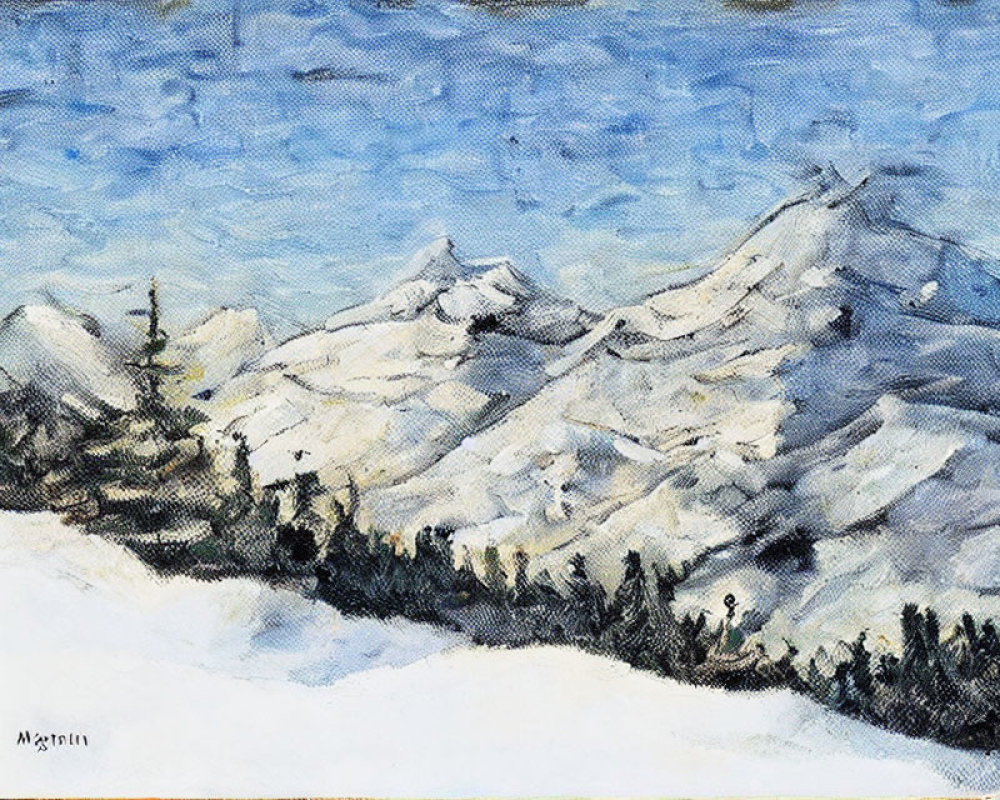 Snowy Mountains Painting with Blue Sky and Evergreen Trees