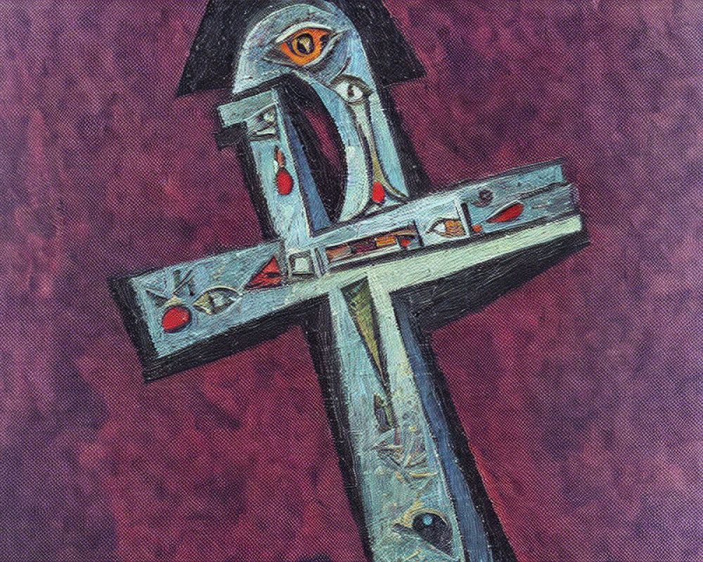 Abstract Expressionist Painting: Cross with Eyes, Fish, and Blood on Red Background