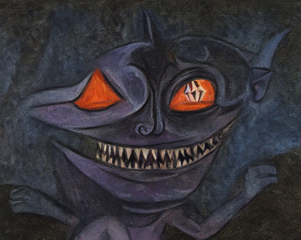 Mischievous Creature with Wide Grin and Sharp Teeth on Dark Background