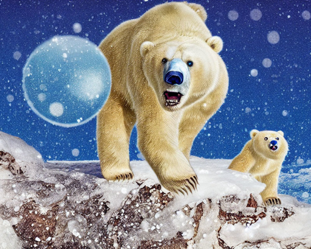 Polar Bear and Cub with Blue Noses on Snowy Outcrop under Starry Sky