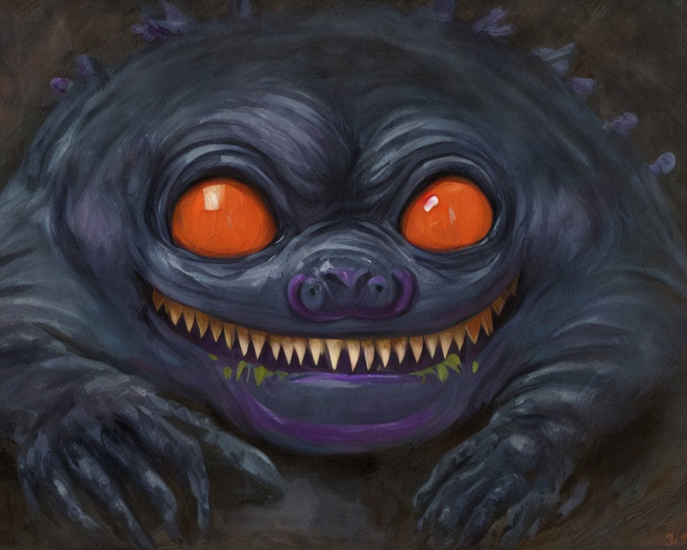 Orange-eyed creature with sharp teeth and purplish-black fur in the shadows.