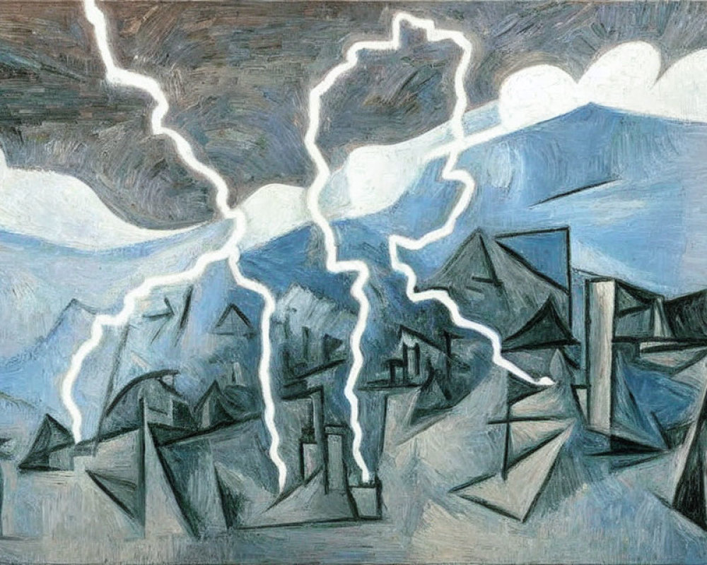 Expressionist-style Painting: Jagged Mountains and Stormy Sky with Lightning