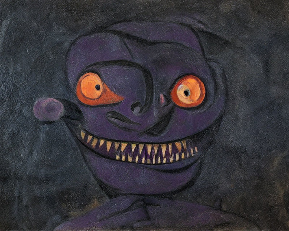 Purple creature with wide grin and orange eyes on dark background