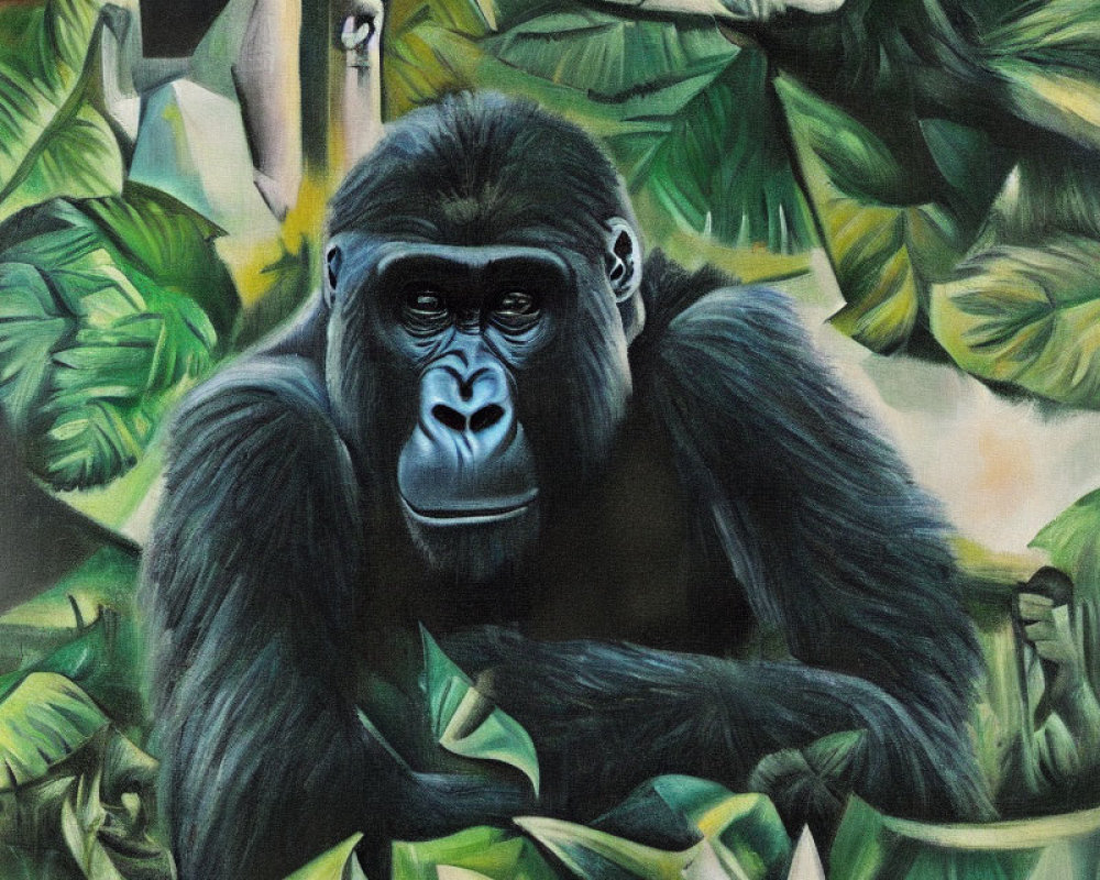 Gorilla portrait in contemplative pose amidst green foliage