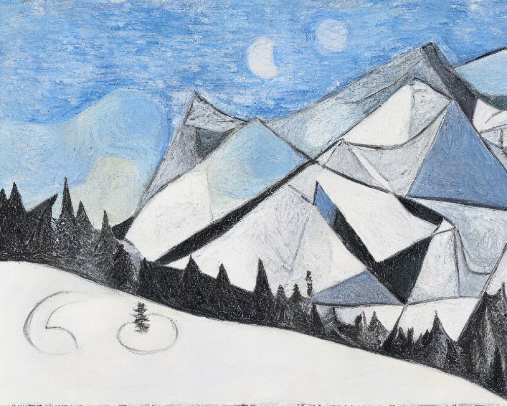 Stylized snowy mountain landscape with geometric facets and crescent moon.