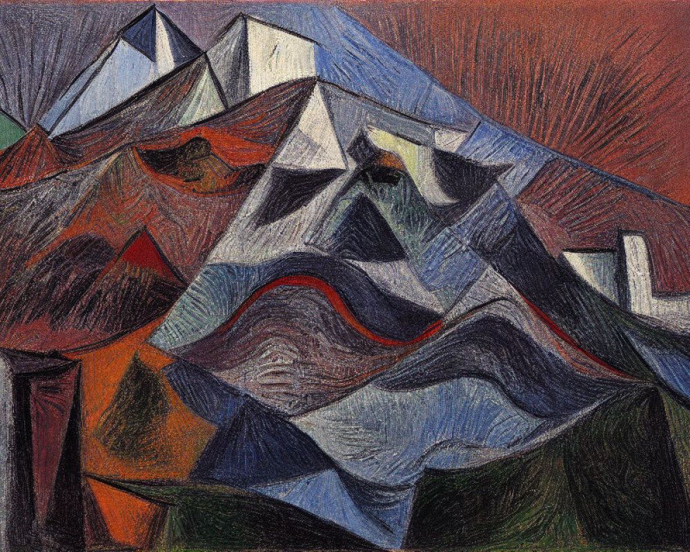 Geometric Cubist Painting in Red, Blue, and Brown Tones of Fragmented Landscape