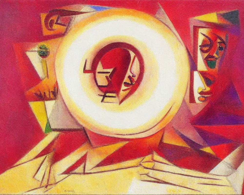 Vibrant Abstract Painting: Geometric Shapes & Cubist Facial Elements