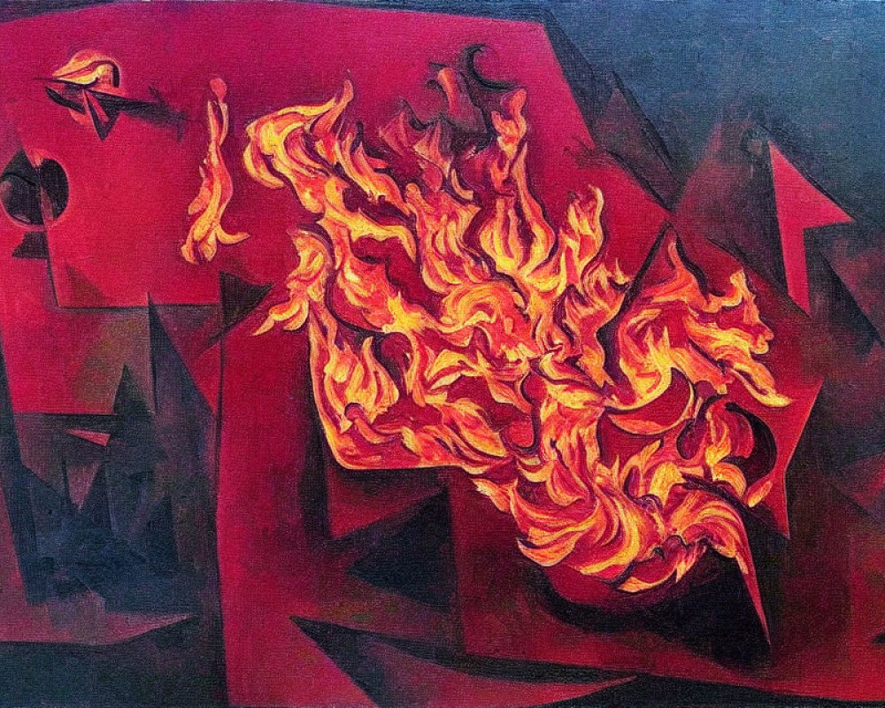 Vivid flames and geometric shapes in abstract painting