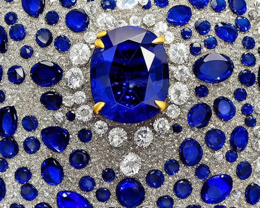 Large Oval Blue Sapphire Surrounded by Diamonds and Smaller Sapphires