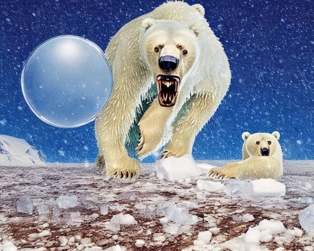 Polar bear roaring with transparent sphere, cub on icy terrain under starry night sky