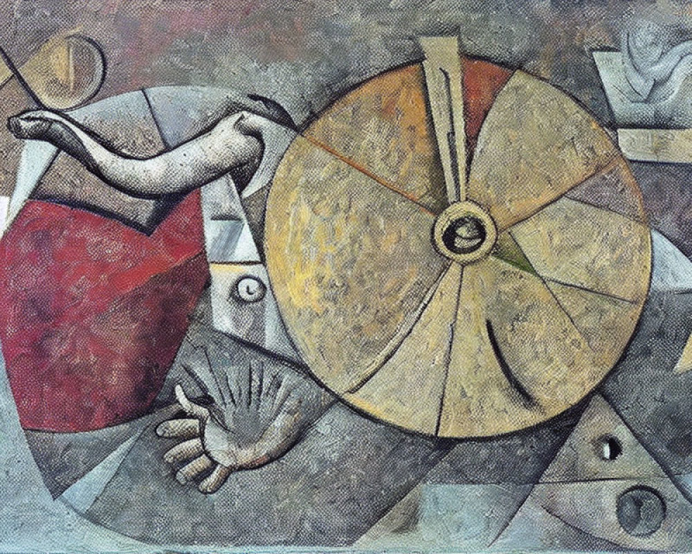 Abstract Cubist Painting with Yellow Wheel & Geometric Shapes