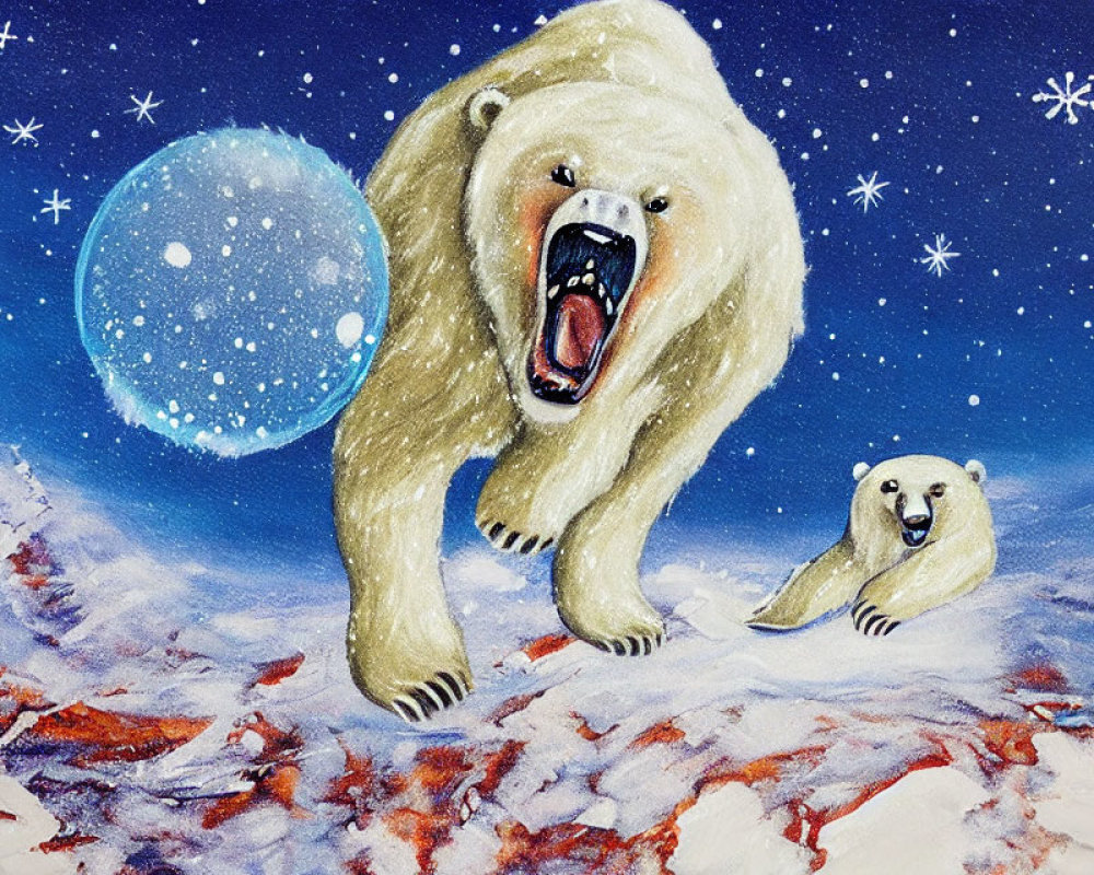 Polar bears painting: Roaring bear, lying bear, snowy landscape