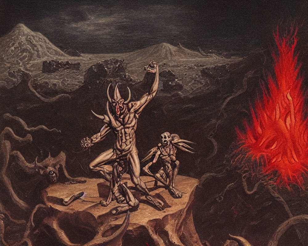 Dark painting of demon-like figures in fiery hellish landscape