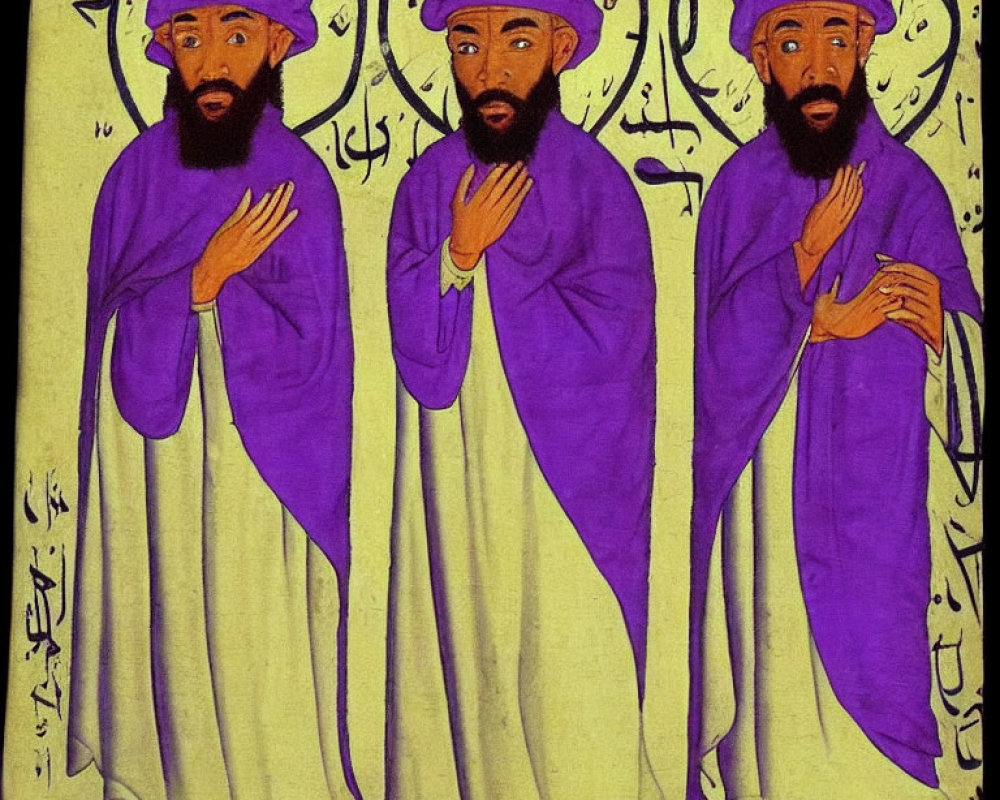 Three Figures in Purple Robes with Beards and Head Coverings on Yellow Background with Arabic Script