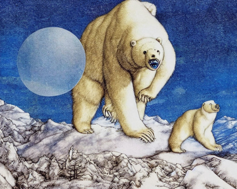 Hand-drawn illustration of polar bear and cub on rocky terrain with pale sun/moon