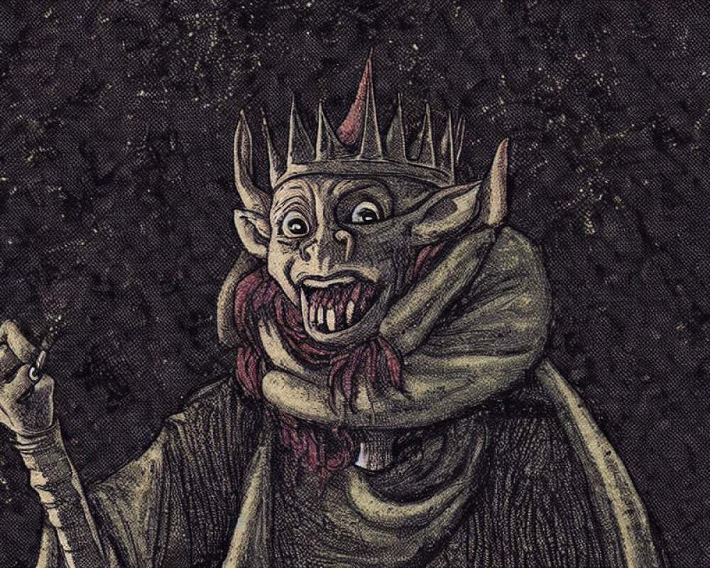 Illustration of Sinister Creature in Crown and Cloak on Dark Background